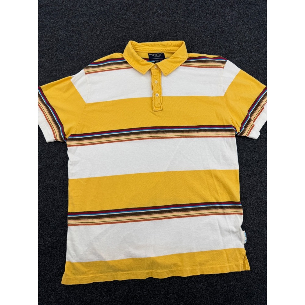 American Eagle Outfitters Polo Shirt Men XL Yellow Striped Cotton Side Slit Golf